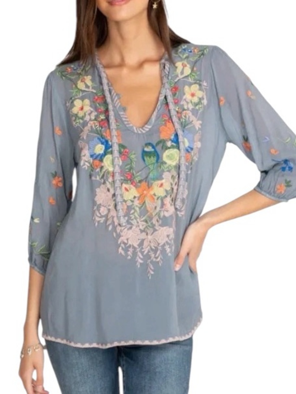 Johnny Was Taifa Blouse Blue Embroidered Bird Floral Peasant Boho Large Coastal - Picture 2 of 14